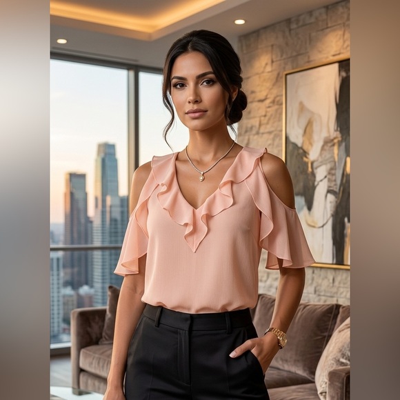 Alice + Olivia Tops - Alice + Olivia Peach Cold-Shoulder Ruffle V-Neck Blouse